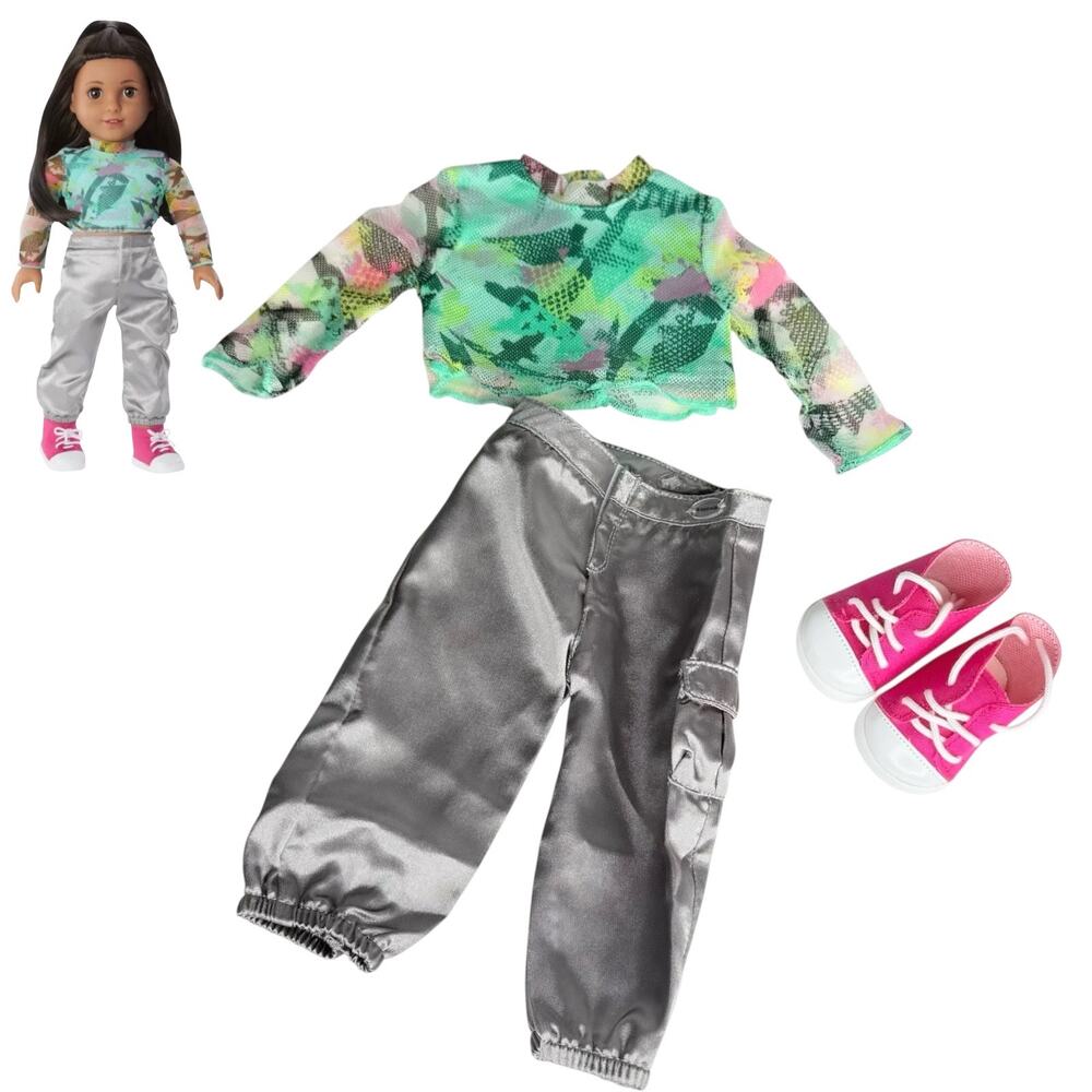 American Girl Kavi Meet Outfit Mesh Shirt Jogger Pants Hi Top Sneaker Shoes New